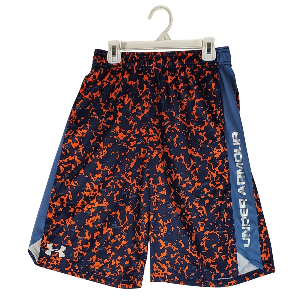 Under Armour Boys YLG Blue Orange Splatter Camo Athletic Basketball Shorts Loose